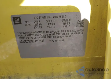 2016 Chevrolet Sonic Lt Auto from USA, damaged, VIN 1G1JC6SB8G4110142